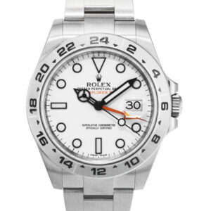 Montre Rolex Explorer II avec cadran blanc 'Polar', aiguille GMT orange et bracelet Oyster en acier inoxydable