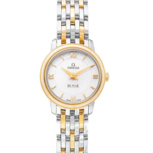 Montre femme Omega De Ville Prestige bicolore en acier et or avec cadran blanc nacré et chiffres romains.