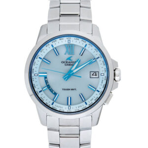 Montre chronographe Omega Speedmaster 38mm avec cadran bleu ciel, lunette bleue et bracelet en acier inoxydable.