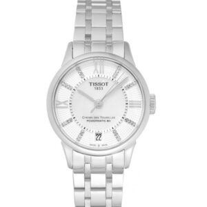 Montre femme Tissot Chemin des Tourelles Powermatic 80 en acier inoxydable argenté avec cadran blanc serti de diamants