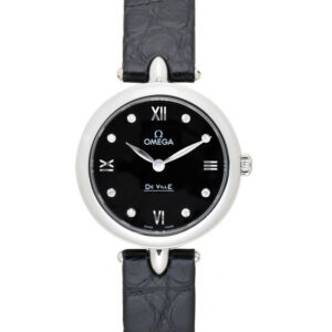 Montre femme Omega De Ville Prestige avec cadran noir serti de diamants et bracelet en cuir noir façon crocodile
