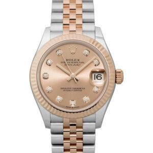 Montre Rolex Datejust bicolore en acier et or rose avec cadran rose poudré serti de diamants et bracelet Jubilee.