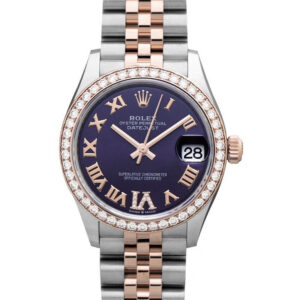Montre Rolex Datejust bicolore en acier et or rose avec lunette sertie de diamants, cadran aubergine et chiffres romains.