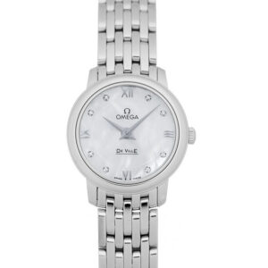 Montre de luxe Omega De Ville pour femme avec cadran en nacre blanche, index diamants et bracelet en acier.