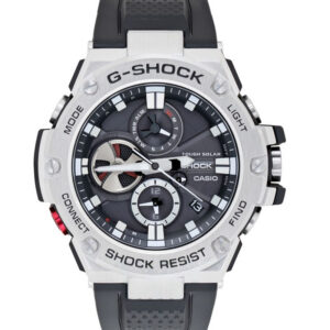 Montre Casio G-Shock G-Steel avec bracelet en résine noire et boîtier robuste en acier inoxydable argenté.