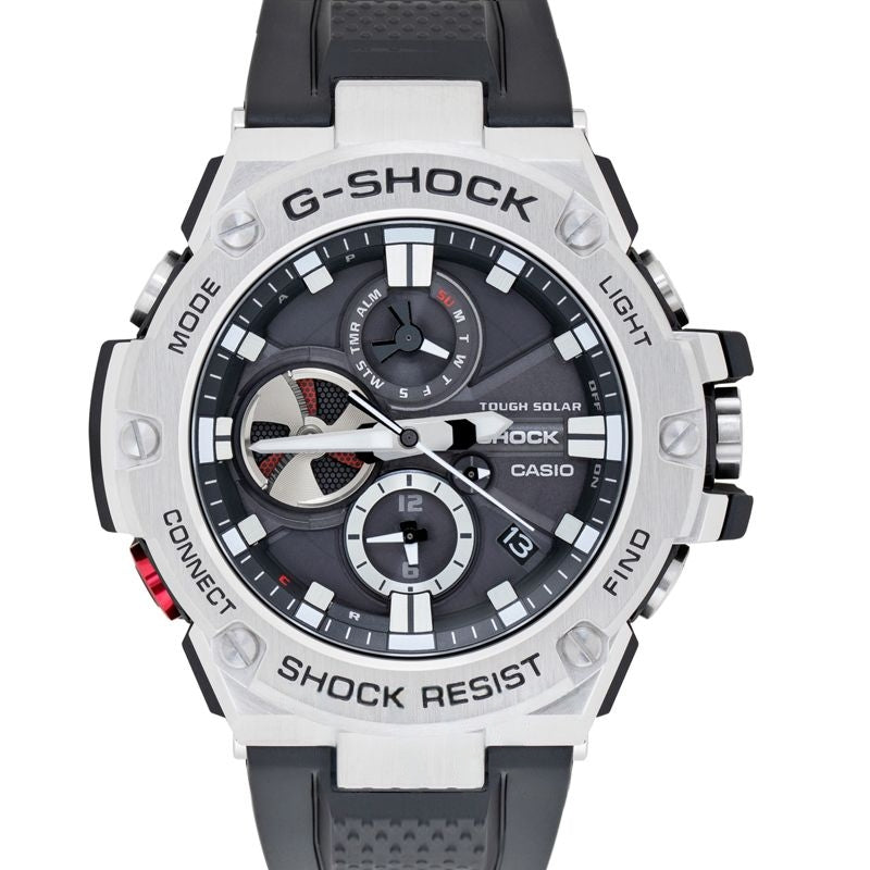 casio g shock g steel – la puissance du chronographe analogique Montre Casio G-Shock G-Steel avec bracelet en résine noire et boîtier robuste en acier inoxydable argenté.