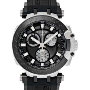 Montre chronographe Tissot T-Race noire et argentée avec bracelet en caoutchouc noir et lunette style disque de frein.