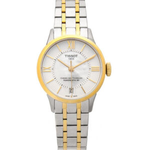 Montre Tissot Chemin des Tourelles Powermatic 80 bicolore argent et or avec cadran en nacre et guichet date.