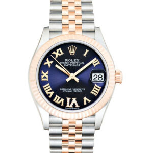 Montre Rolex Datejust bicolore en acier et or rose avec cadran bleu soleillé et chiffres romains.
