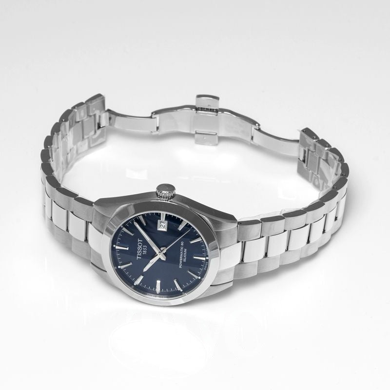 tissot-gentleman-powermatic-80-bleu-acier-maroc.jpg Montre Tissot Gentleman Powermatic 80 Silicium avec cadran bleu soleillé et bracelet en acier inoxydable.