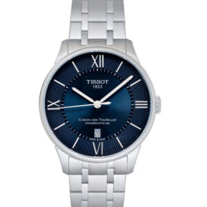 Montre Tissot Chemin des Tourelles Powermatic 80 avec cadran bleu soleillé et chiffres romains sur bracelet acier.