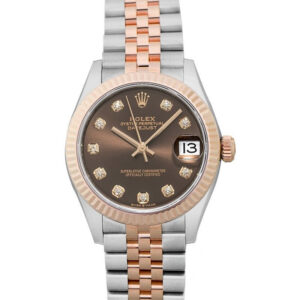 Montre Rolex Datejust bicolore en acier et or rose avec cadran chocolat serti de diamants et bracelet Jubilee.